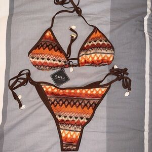 Zaful Brown Textured Triangle Bikini Top with Accent Trim